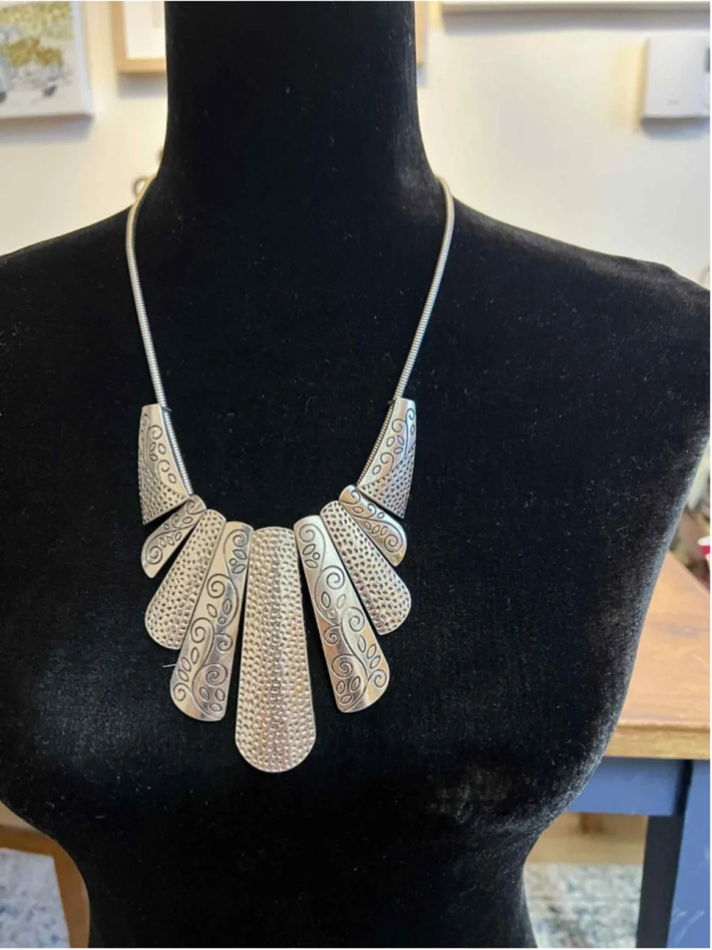 Silver Tone Statement Bib Necklace Etched Metal Panels Boho Tribal Festival